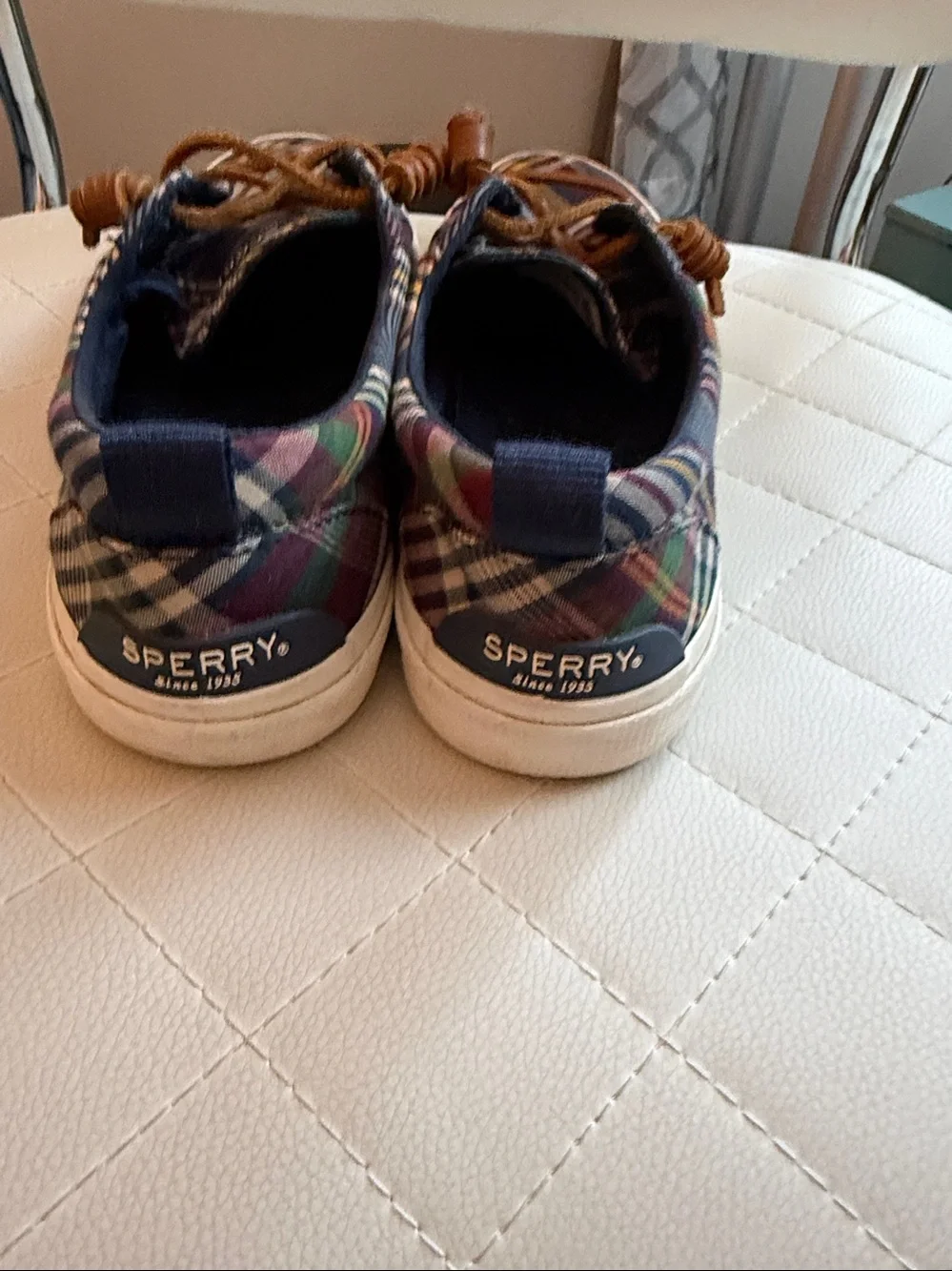 Sperry 8 1/2M Madras Plaid Canvas Boat Shoes w/Brown Leather Laces. Great cond